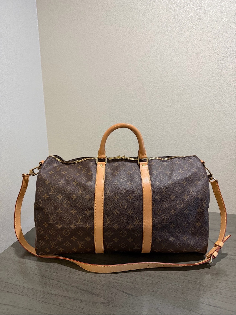 Louis Vuitton Keepall 50 Brown Monogram Leather Travel Duffel Bag with Strap